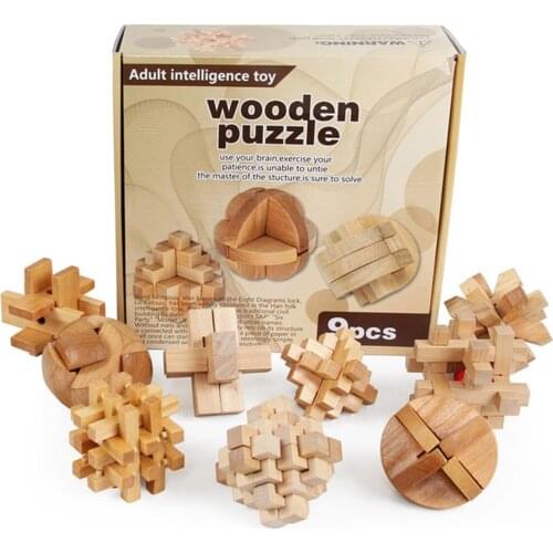 9Pcs Wooden Interlocked Puzzles Kongming Locks Education Adult Kids Toy Gift Parent-child Interactive Memory Training Games Prop