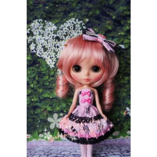 Handmade 1/6 bjd blyth doll clothes Accessories Fashion pink dress + bow +socks for blyth doll clothing accessory