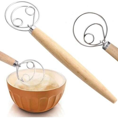 Stainless Steel Danish Dough Whisk Wooden Handle Pizza Bread Dough Mixing Whisk Tool Kitchen Baking Tools Artisian Blender