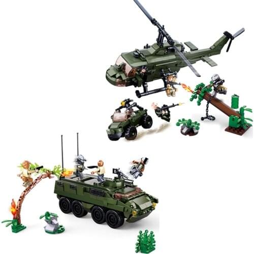 SLUBAN Alien Predators M18 Armored Tank Vehicle Helicopter MOC Building Block War Sets Movie Classic Kids Toys