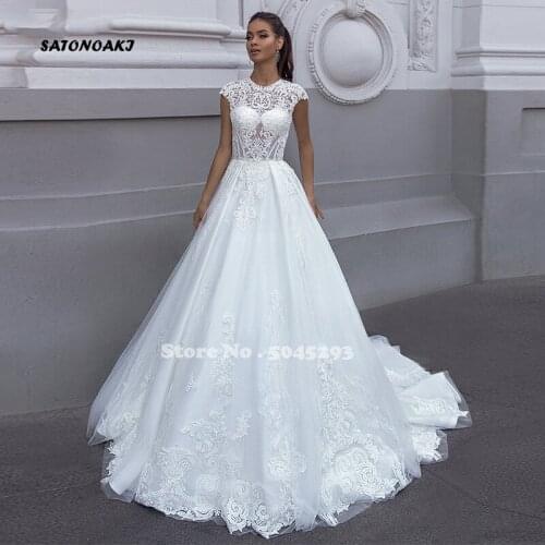 Elegant Lace Tulle Wedding Dresses 2021 Appliques Illusion White Princess Bride Gown Sweep Train Vestidos Robe De Mariage Online