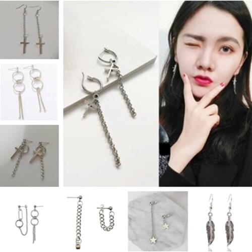 Ex861 European Vintage punk personality style cross tassel chain article pendant earrings female jewelry accessories