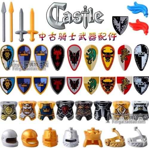 Castle Knights Figures Helmet Armor Bricks Rome Soldier Cap Spartacus Warrior Cavalry Weapon Shield Crown MOC Blocks Toys