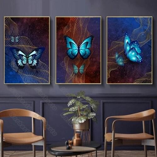 Modern Style Canvas Painting Poster and Print Art Blue Purple Butterflies Gold Thread for Living Rooms Bedroom Wall Decoration