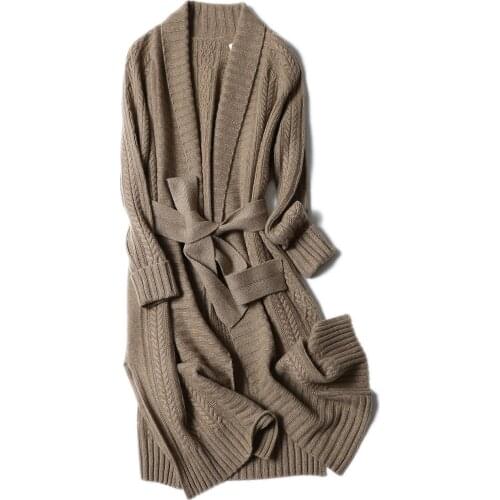 Cashmere Turn-down Collar Sashes Vintage Womens Sweaters Belt Solid Vintage Long Cardigan with Long Sleeve Warm Winter
