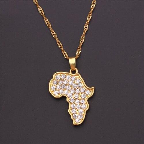 Africa Map Pendant Necklace Crystal Rhinestone Bling Jewelry for Men Women Ethiopian Jewelry African Maps Hiphop Necklace
