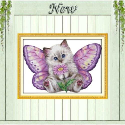 The butterfly cat animal painting counted print on canvas DMC 14CT 11CT DMC Cross Stitch chinese Embroidery kits Needlework Sets