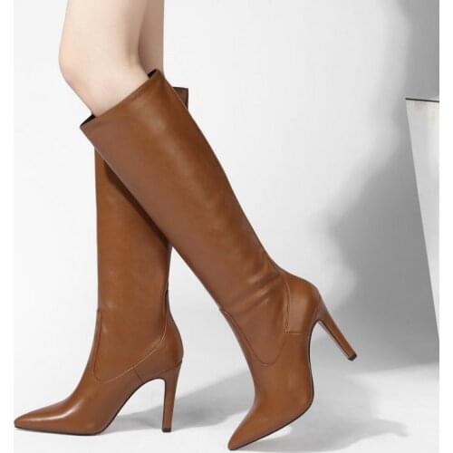 New Autumn Winter Womens Knee High Boots Fashion High Heel Pointed Toe Womens Shoes Ladies Slip On Loose Large Size Boots