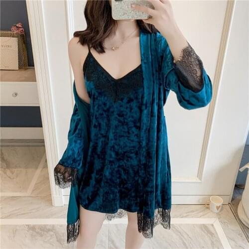 MECHCITIZ autumn winter womens robe sleep set velvet sleepwear dressing gown long sleeve pajamas lace bathrobe lingerie lounge