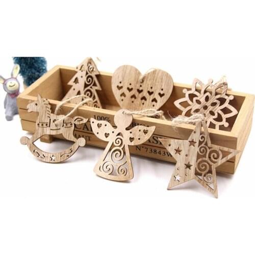 6PCS about 7cm Wooden Cutouts Christmas Wood Ornaments, Star, Tree, Snowflake, Snowman Christmas Wooden Hanging Ornaments