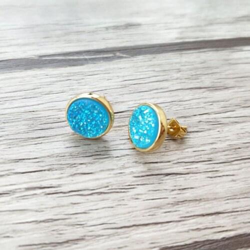 5 Pairs Round Shape geode Gem Stone Stud Earrings,Natural druse Quartz Titanium Stud Earrings For women ER617-2