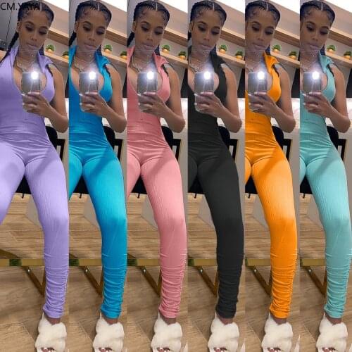 CM.YAYA Workout Active Wear Ribbed Romper Womens Jumpsuit Sporty Sleeveless Fitness Zipper Stacked Bodycon Skinny Jumpsuits
