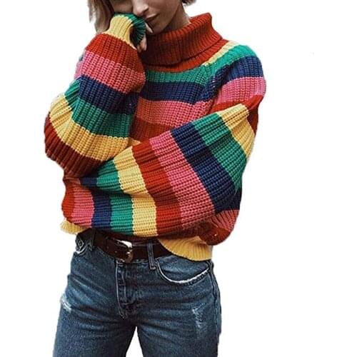 Women Sweater Long Sleeves Soft Pullover Turtleneck Casual Spring Rainbow Striped Charming Party Comfortable Winter Autumn Loose