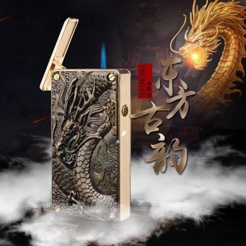 Three-Dimensional Embossed Dragon Induction Touch Rechargeable Lighter Gas Inflatable Straight Blue JET Flame Cigar Lighters