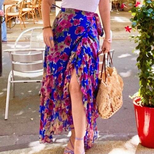 Dignified Long Skirt Women Ruffle Floral Print Flowing Hem Bow Chic Casual Elegant Skirts Dreamy Vintage Skirt jupe longue femme