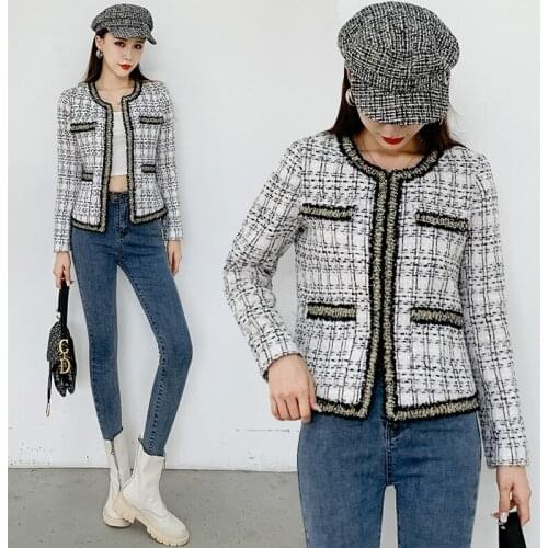 Women Clothing Autumn O-Neck Spliced Tweed Short Jacket Coat Female Casual Fashion Slim Patchwork Cardigans Outerwear