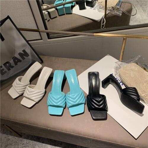 2021 New Fashion Elegant Womens Slippers High Quality Solid Cozy PU Leather Square Toe Sandals Femme Low Heel Party Dress Shoes