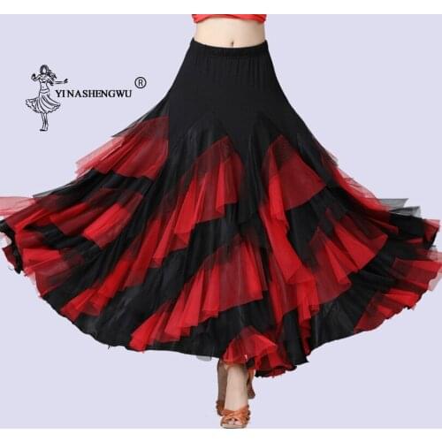 Women Dancing Costume Flamenco Waltz Ballroom Dance Skirt Classical Competition 360degee Practice Layered BigSwing Spanish Skirt