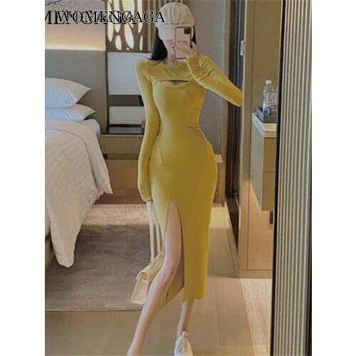 WOMENGAGA Autumn Sexy Hollow Out Chest Fake Two Piece Full Sleeve Slim Buttock Long Dress Dresses Women JGGC
