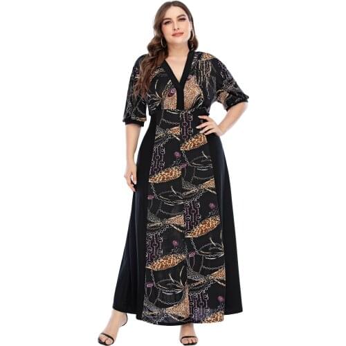 Print Plus Size Dress Women Robes Casual V-neck Stitching Long Maxi Dress Bohemian Casual Party Dresses TA5094