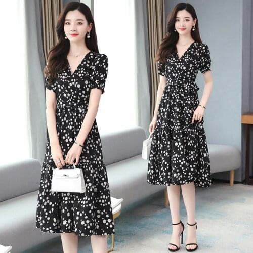 2021 Summer High Quality Daisy Print Chiffon Beach Midi Dresses Vintage Plus Size Sundress Women Elegant Bodycon Party Vestidos