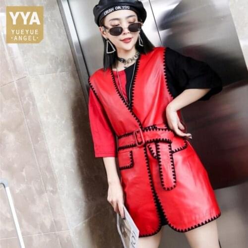 Vintage Women V Neck Embroidery Edge Belted Slim Fit Midi Long Vest Top Natural Genuine Leather Sleeveless Jacket Lady Waistcoat