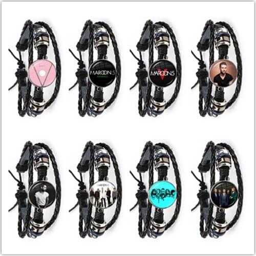 1pcs 20mm Round Glass Cabochon Handmade Maroon 5 Black Leather Bracelets For Fridends Rock Band Bangle For Fans Gift