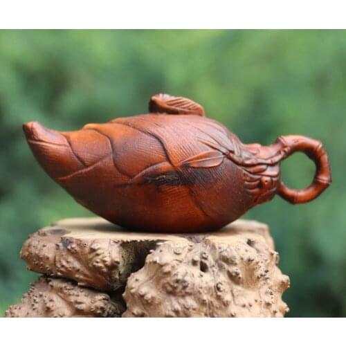 12 CM China Boxwood Handwork bamboo shoots cicada Little Teapot model sculpture