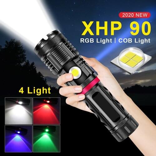 2021 New High Powerful LED XHP90 Flashlight COB Flash Light 18650 Rechargeable Tactical Waterproof Torch Hunting Defence Lantern