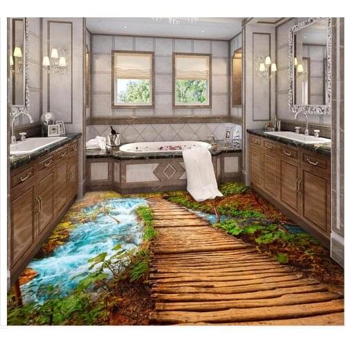 3d wallpaper pvc Wooden bridge path stone river washroom bathroom bedroom 3d floor pvc floor wallpaper