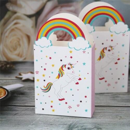 50pcs/lot Rainbow Unicorn Favor Box Gift Box Cartoon Paper Bag Birthday Party Decoration Wedding Supplies Candy Box Food bag