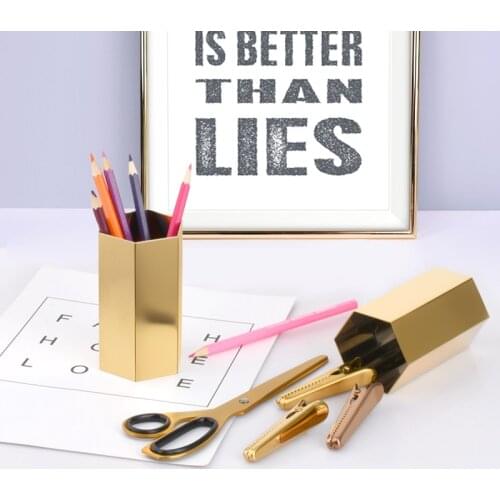Nordic Pen Pencil Holder Hexagonal Makeup Brush Storage Box Desk Organizer Container for Office Golden Flower Vase Home Decor