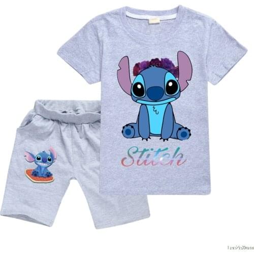 Childrens classic Stitch short-sleeved T-shirt+casual sports shorts suit Tik Tok summer clothing for boys and girls