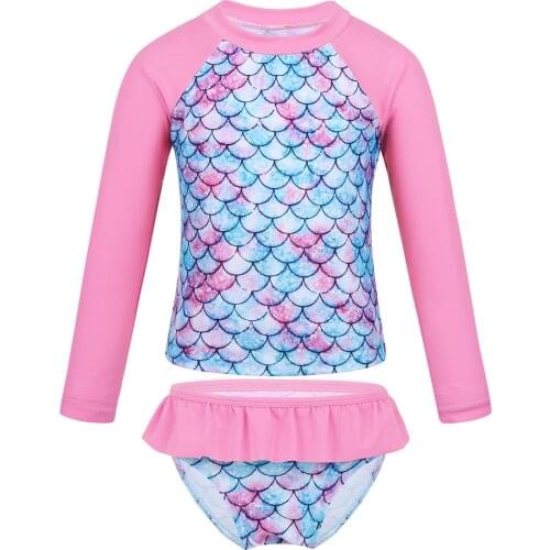 Kids Girls Tankini Long Sleeve Mermaid Swim Suit Rashguard Fish Scales Printed Children Swimwear Two-Piece Bathing Suit Set