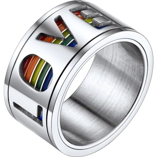 Starlord "LOVE IS LOVE" Enamel Rainbow LGBT Pride Ring 11MM Stainless Steel Spinner Rings For Women Men Size 7-12 PSR5056