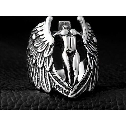316L Stainless steel steam ram Men punk ring Feather Wing Angel Powerful Skull man Band gothic rings Jewelry Gift For Him