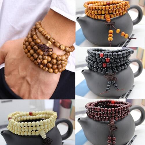 9 Styles 6mm Natural Sandalwood Buddhist Buddha Wood Prayer Beaded Knot black ebony Unisex Men Bracelets & Bangles for Women