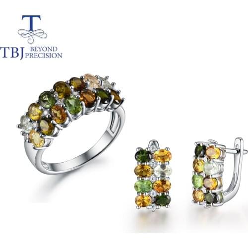 Natural fancy color tourmaline jewelry set 925 sterling silver ring and earrings fine jewelry for girl nice gift tbj promotion