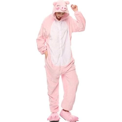 2020 Adults Animal Pajamas Cartoon Sleepwear Pig Pajamas Sets Anime Kigurumi Women Men Warm Flannel Hooded