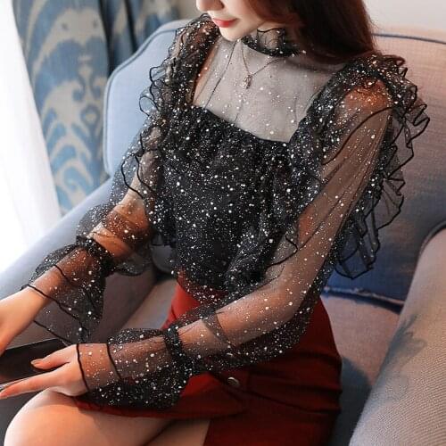 New Sexy Women Blouses Glitter Sheer Mesh Top Long-Sleeve Casual Perspective Hollow Out Tee Shine Basic Chiffon shirt