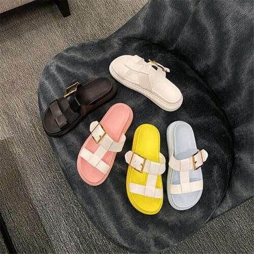 Womens shoes cowhide summer new belt buckle slippers thick-soled casual sandals fashion all-match sandals for female outer wear