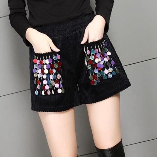 Winter Fall Fashion Women Sequins Elastic High Waisted Black Corduroy Shorts , Autumn Lady Woman Wide Leg Colored Glitter Shorts