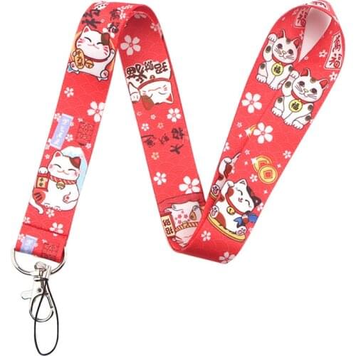 Japanese Style Red Lucky Cat Lanyards Keychain Cartoon Print Webbing Hang Rope Neck Straps for Mobile Phone ID Card Badge Holder