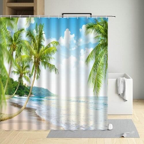 Ocean Scenery Shower Curtain Palm Trees Green Planting Beach Pier Nature Resort Bathroom Waterproof Hanging Curtains Home Decor