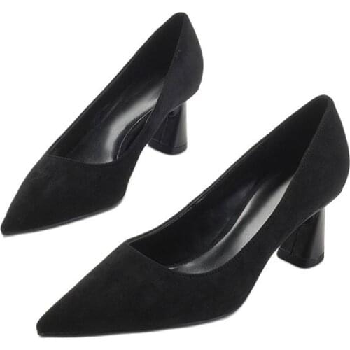 For Women 2021 New Autumn Winter Temperament Office Lady Shoes Pointed Toe Suede Mid Heel Concise Pumps Black/ Olive Green/Ta