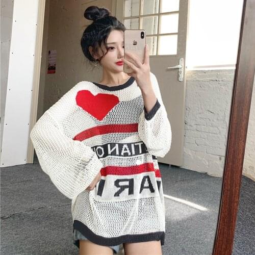 Harajuku Hollow Out Sweater Women Chic Korean Spring Autumn Long Sleeve Loose Pullover Sweaters Sexy Knitted Sweater Pull Femme