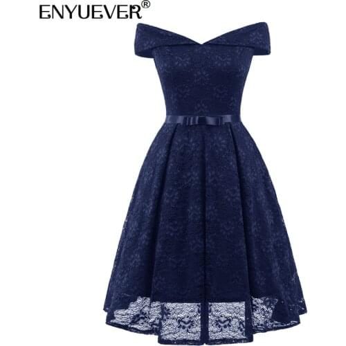 Enyuever Navy Blue Lace Formal Dress Women Clothing 2021 Off Shoulder Swing Midi Vestidos Vintage Elegant Evening Party Dress