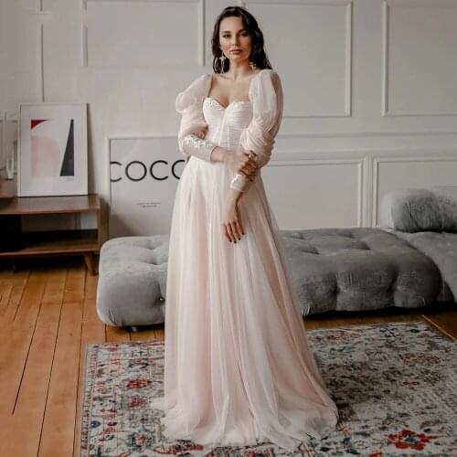 Charming Wedding Dresses Tulle Appliques Sweetheart Full Sleeve Zipper A-Line Bridal Gowns Novia Do 2021 New