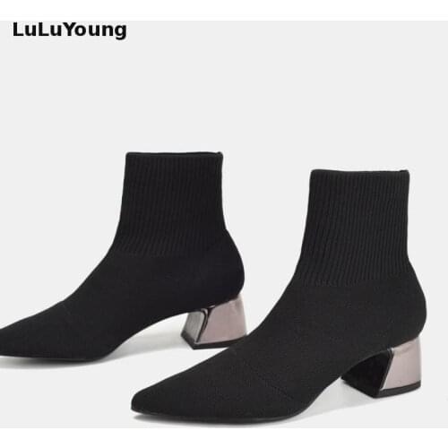 Winter New Thin Leg Medium Heel Short Boots Elastic Socks Boots Pointed