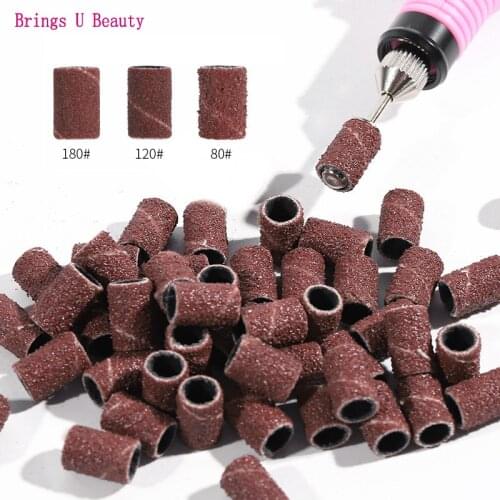 100 pcs /bag 80/120/180 Grit Nail Manicure Sanding Bands Nail Drill Bit Sand Band Grit File for Acrylic Nails Manicure Pedicure